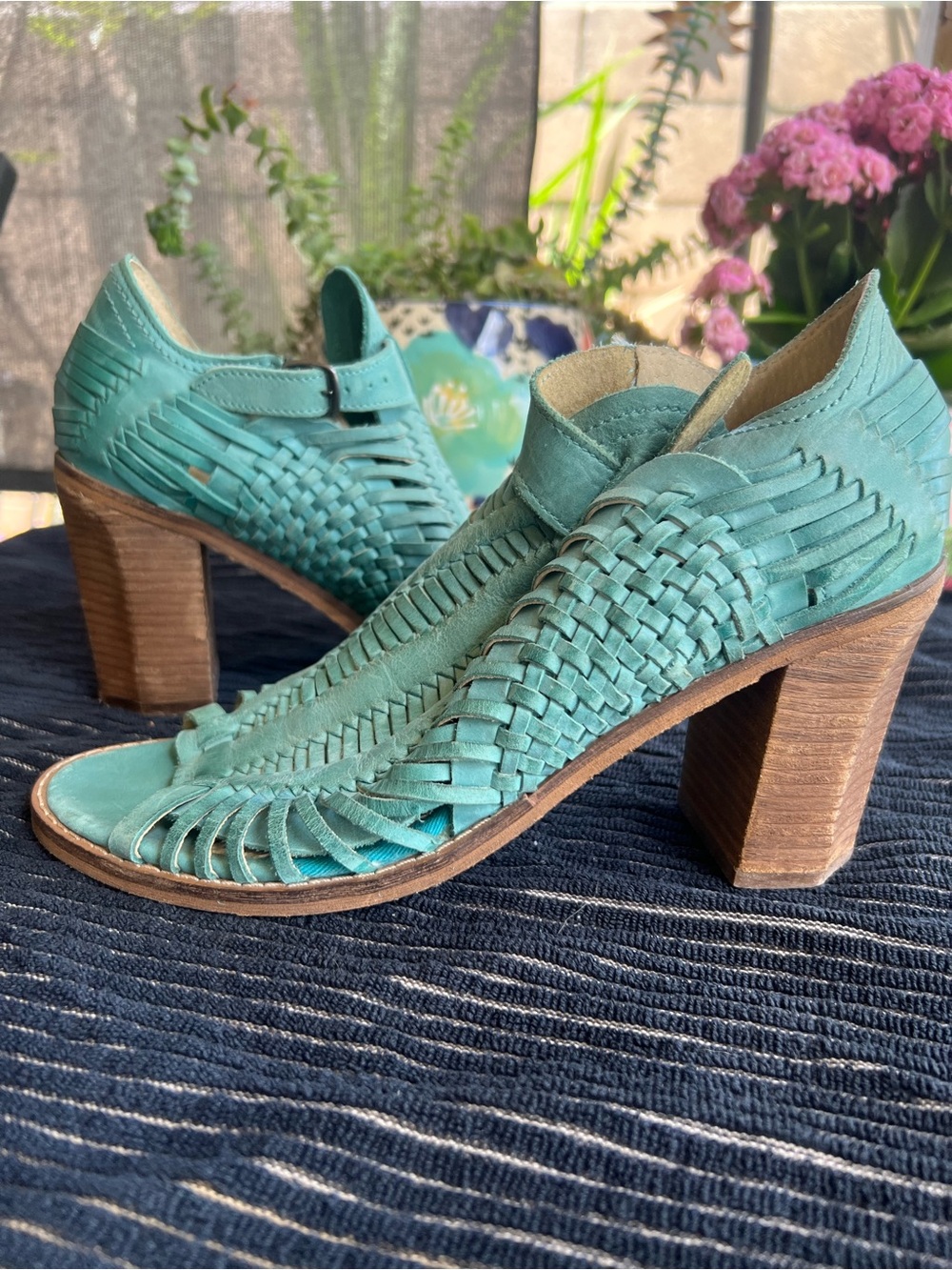 naughty monkey Teal Woven Leather Block Heel Sandals